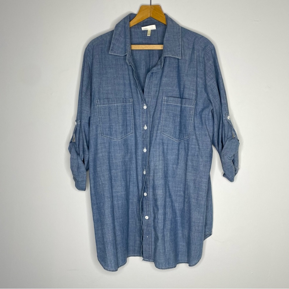 Hester & Orchard Blue Chambray Button Down Tab sleeve Blouse Size 1X - Picture 7 of 13